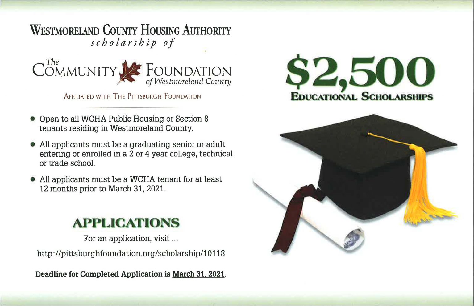 WCHA Scholarship Westmoreland County Housing Authority